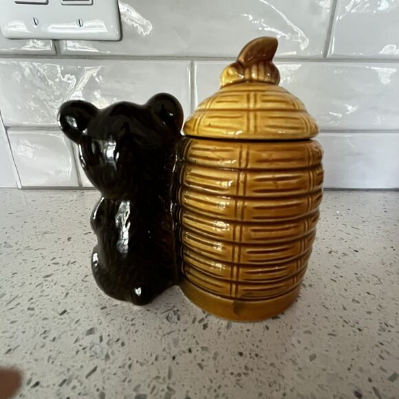 Vintage Kitschy Honey Bear Beehive Honey Ceramic Pot Jar Server w/Spoon - Picture 4 of 8